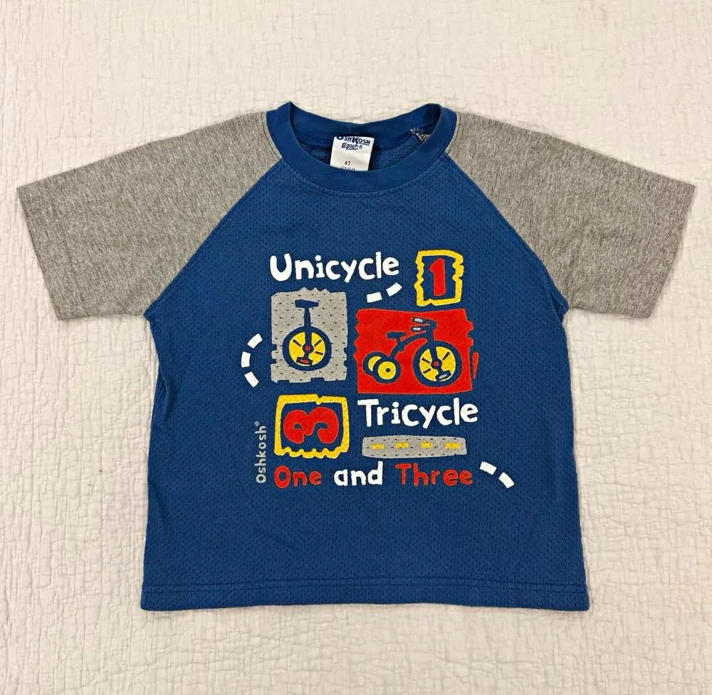 OshKosh B'gosh Boys 4T Blue/Gray Raglan Mesh Graphic T-Shirt Unicycle Tricycle